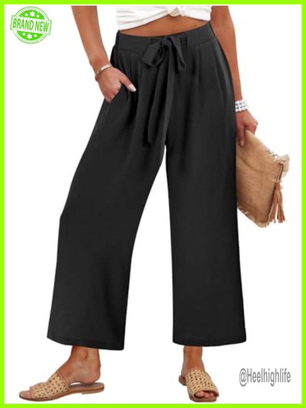 Wide Leg Palazzo Pants High Waist Tie Belt Pockets Ankle Length